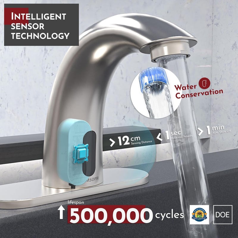 PRIMSOPH Automatic Motion Sensor Hands Free Electronic Infrared Smart Commercial Touchless Bathroom Sink Faucet with Cover Plate Temperature Mixer Battery or Plug-in Powered Brushed Nickel - Image 2